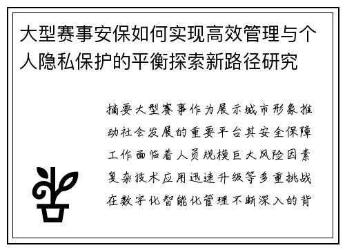 大型赛事安保如何实现高效管理与个人隐私保护的平衡探索新路径研究 大型赛事安保如何实现高效管理与个人隐私保护的平衡探索新路径研究